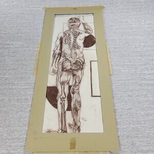 VTG Anatomy Study Drawing Male Figure Muscular Skeletal Signed 1974 Sepia Pencil